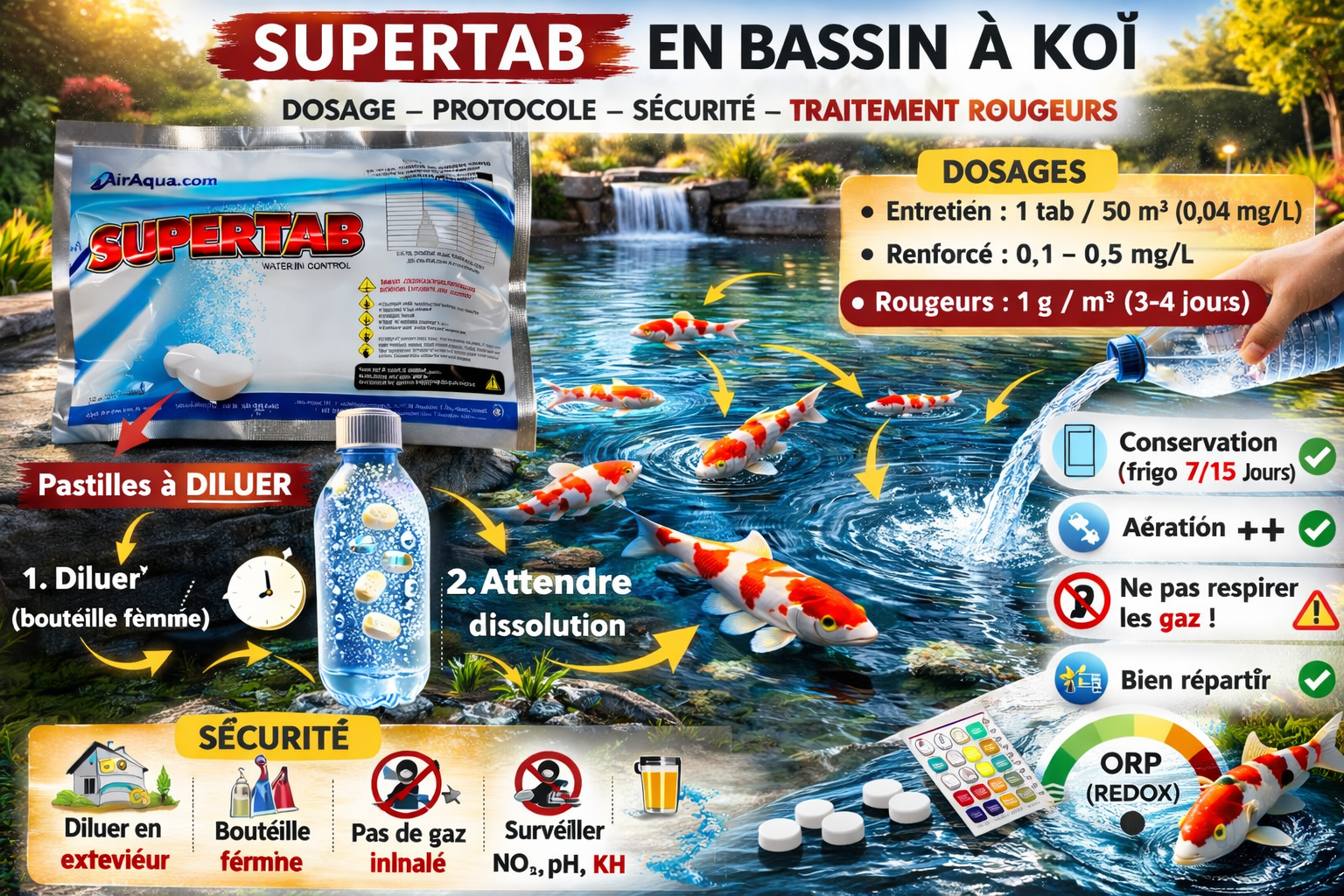 SuperTab en bassin à koï : dosage, protocole rougeurs et guide complet d’utilisation
